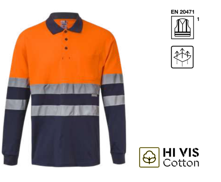 Long sleeve two-tone cotton polo shirt